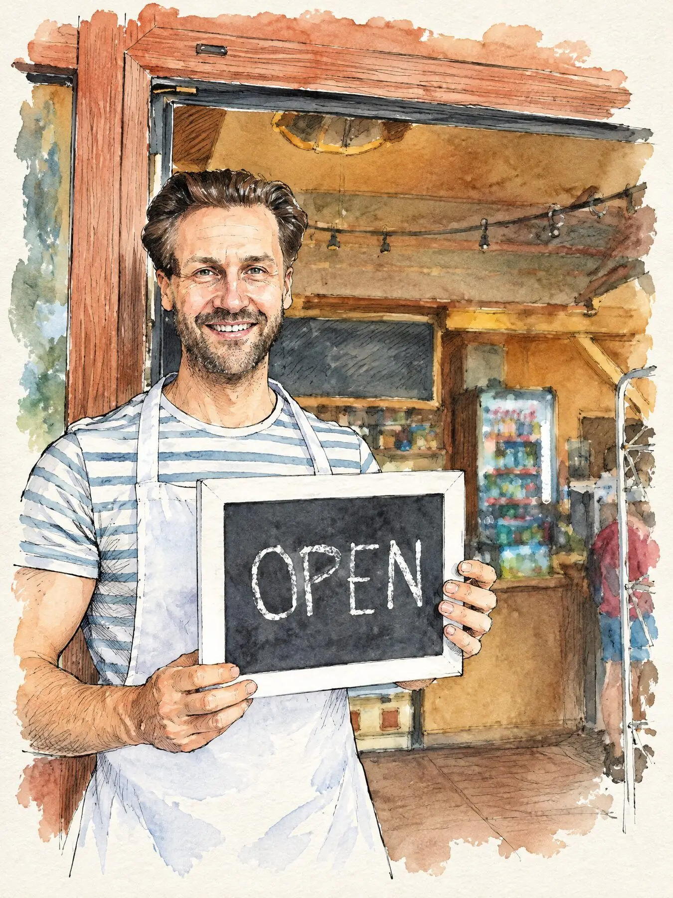 Szkic uśmiechniętej właścicielki piekarni trzymającej tabliczkę OPEN