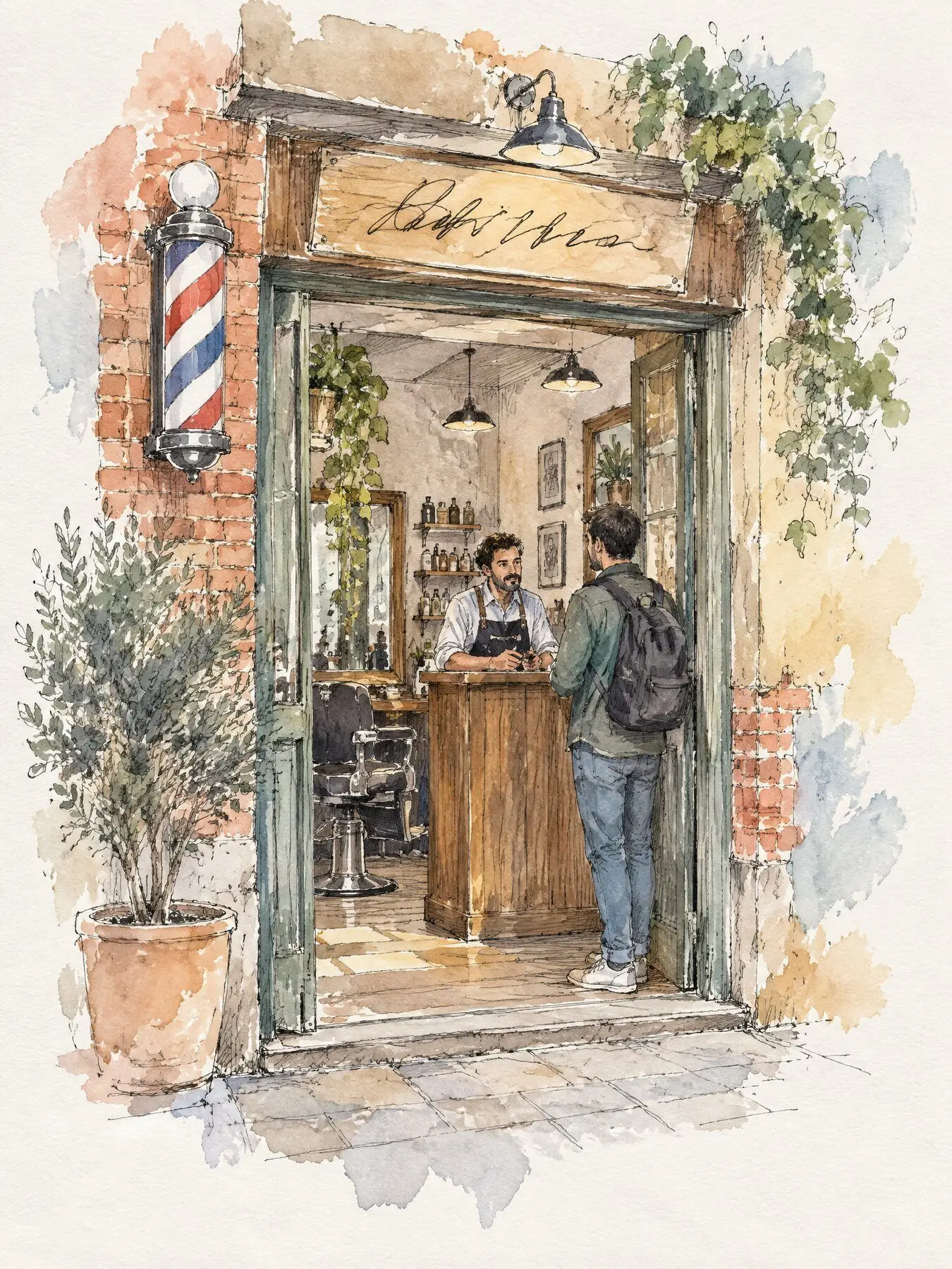 Sketch of a small barber shop with the barber at the reception desk
