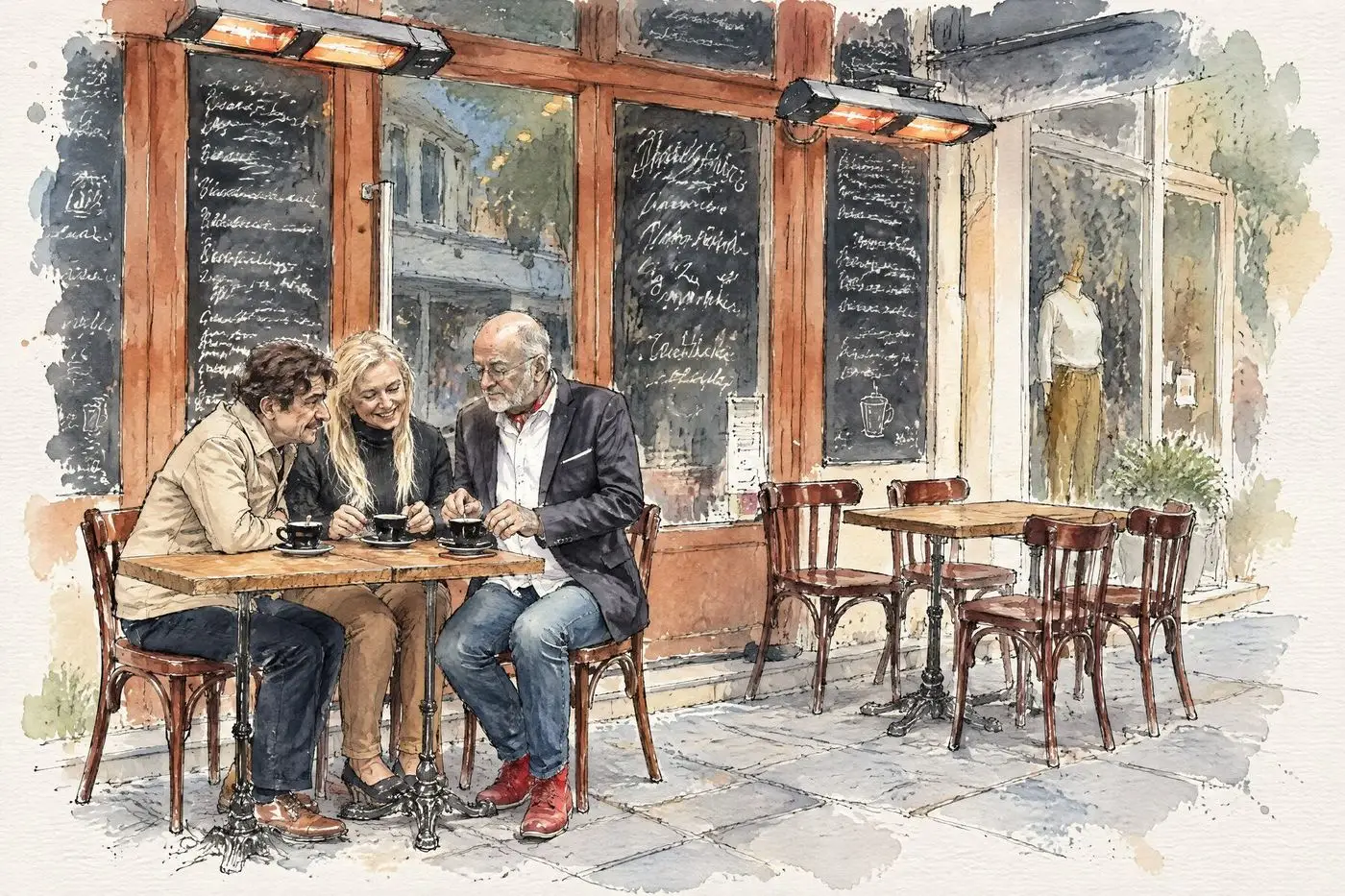 Sketch of friends chatting at an outdoor bistro table