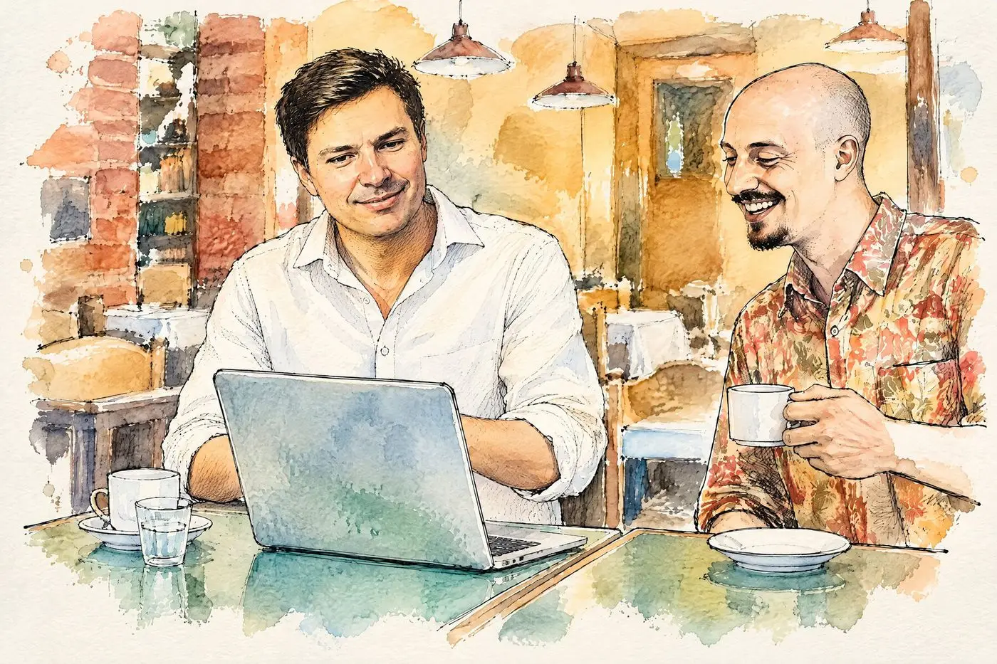 Ink and watercolour sketch of two men working together over a laptop and coffee in a café