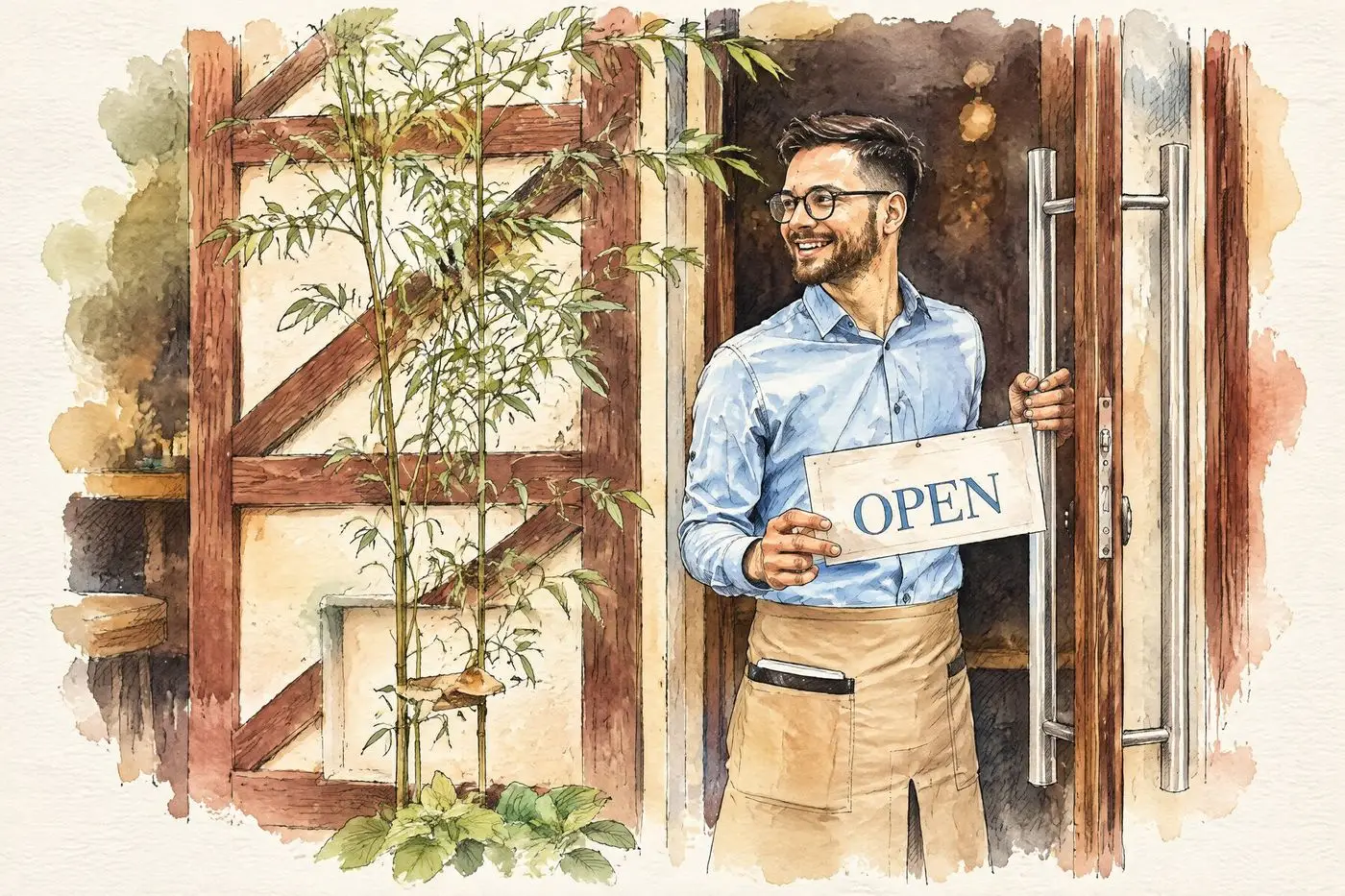 Szkic właścicielki kawiarni wieszającej na drzwiach tabliczkę OPEN