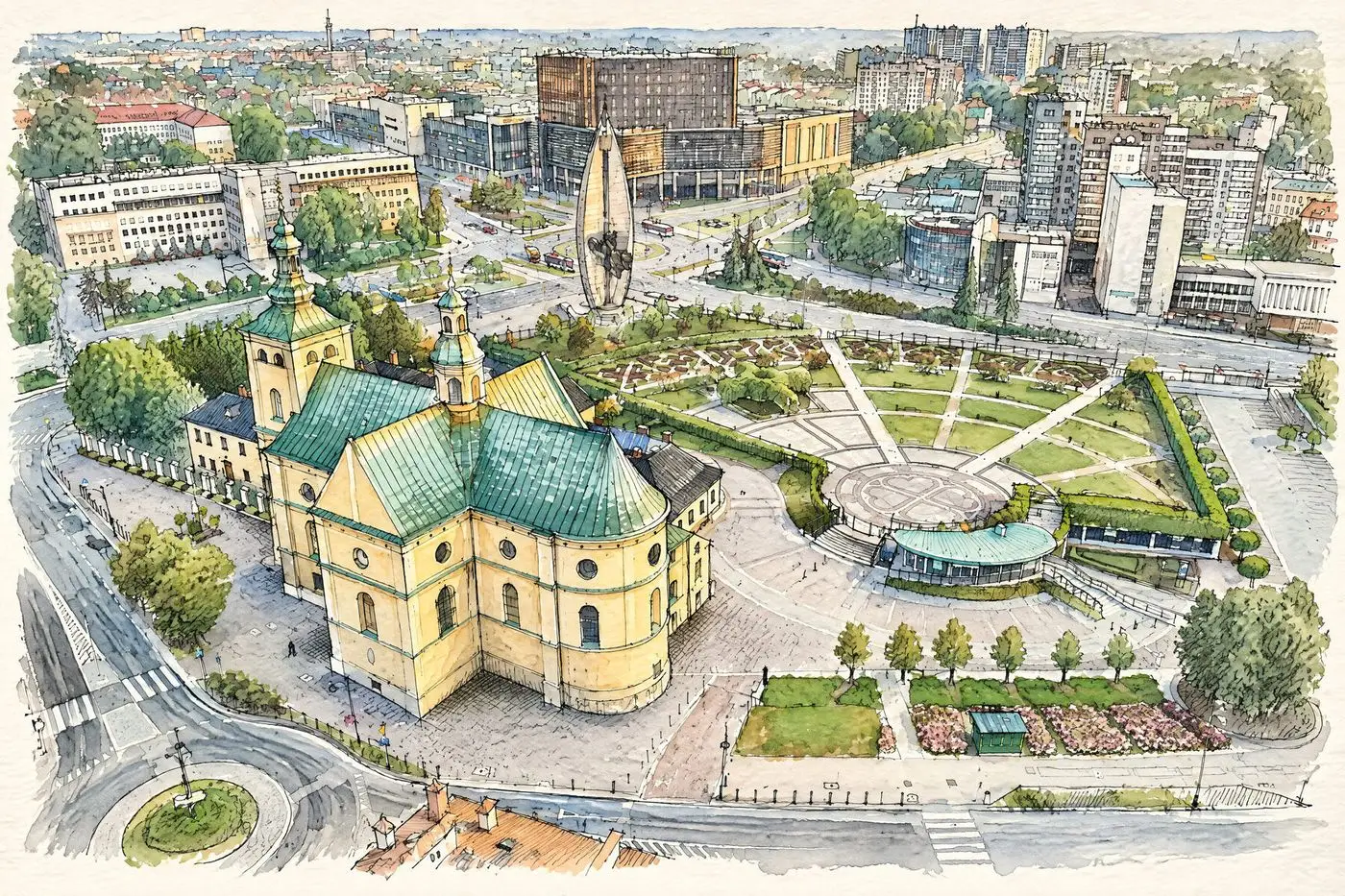 Szkic tuszem i akwarelą: widok z lotu ptaka na centrum Rzeszowa z katedrą, ogrodami i Pomnikiem Czynu Rewolucyjnego