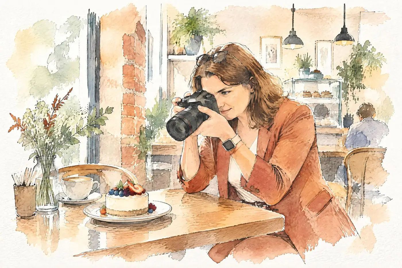 Sketch of a photographer shooting a cake in a café